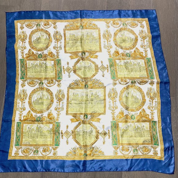 Soft Fabric Scarf Navy and Gold Castles Roman Ornate Design - Picture 2 of 9